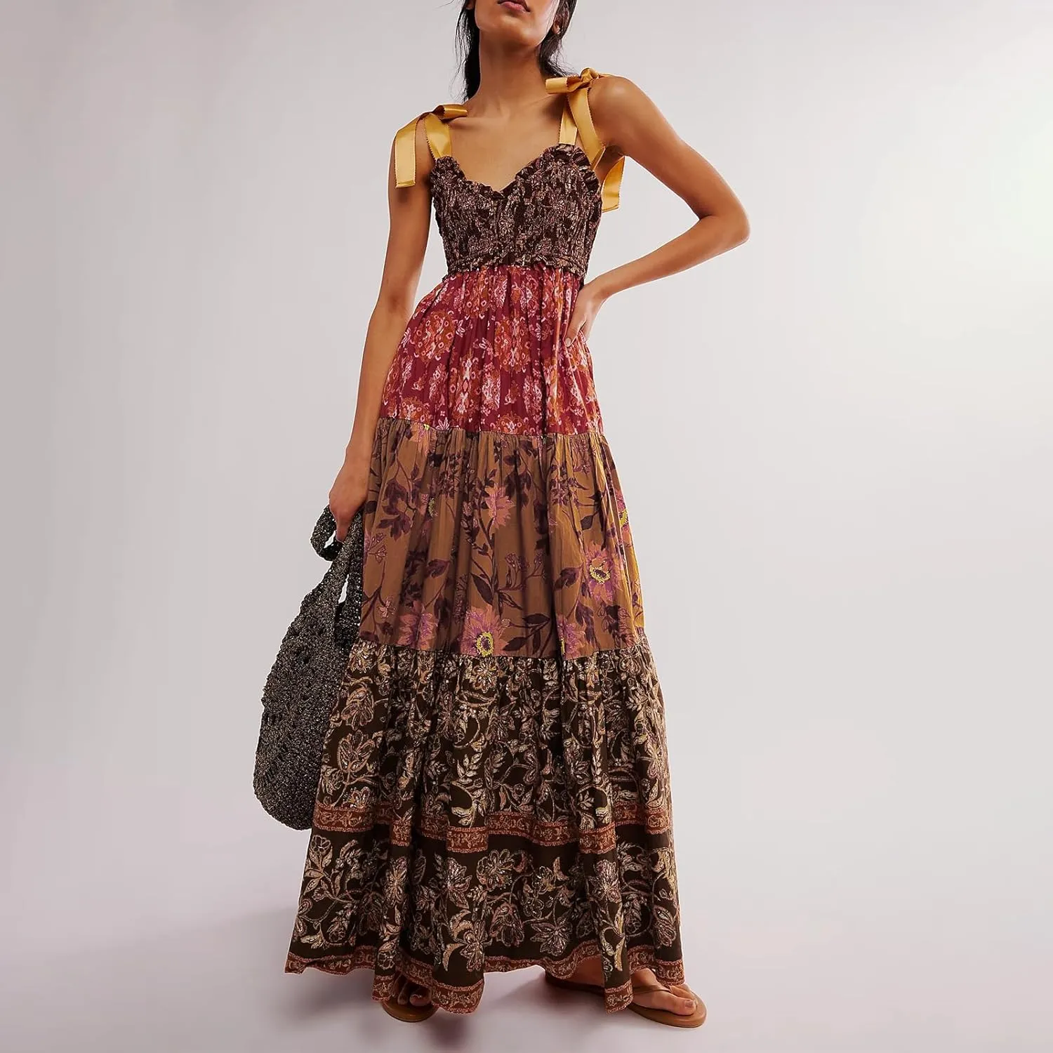 Floral Maxi Dresses for Women Sleeveless Tie Shoulder Smocked Flowy Boho Long Dress Y2k Summer Vacation Sundress