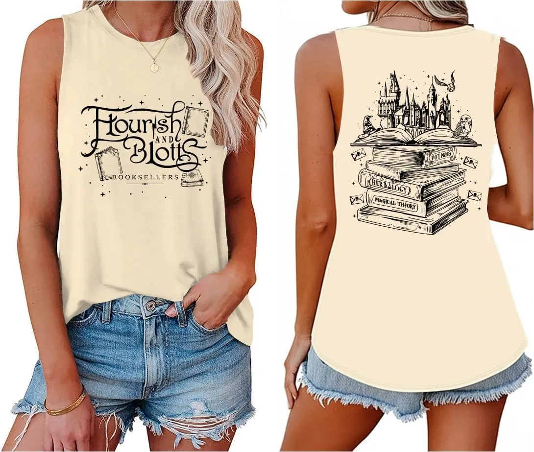 Flourish and Blotts Tank Tops Cute Book Graphic Tshirts for Women Wizard Magical Costume Clothes