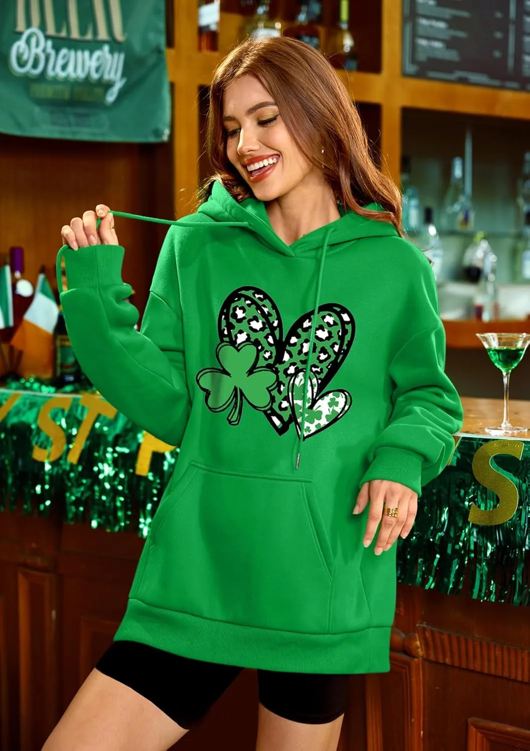 For G and PL Women's St. Patrick's Green Hoodie Long Sleeve Shamrock Print Sweatshirt with Pocket