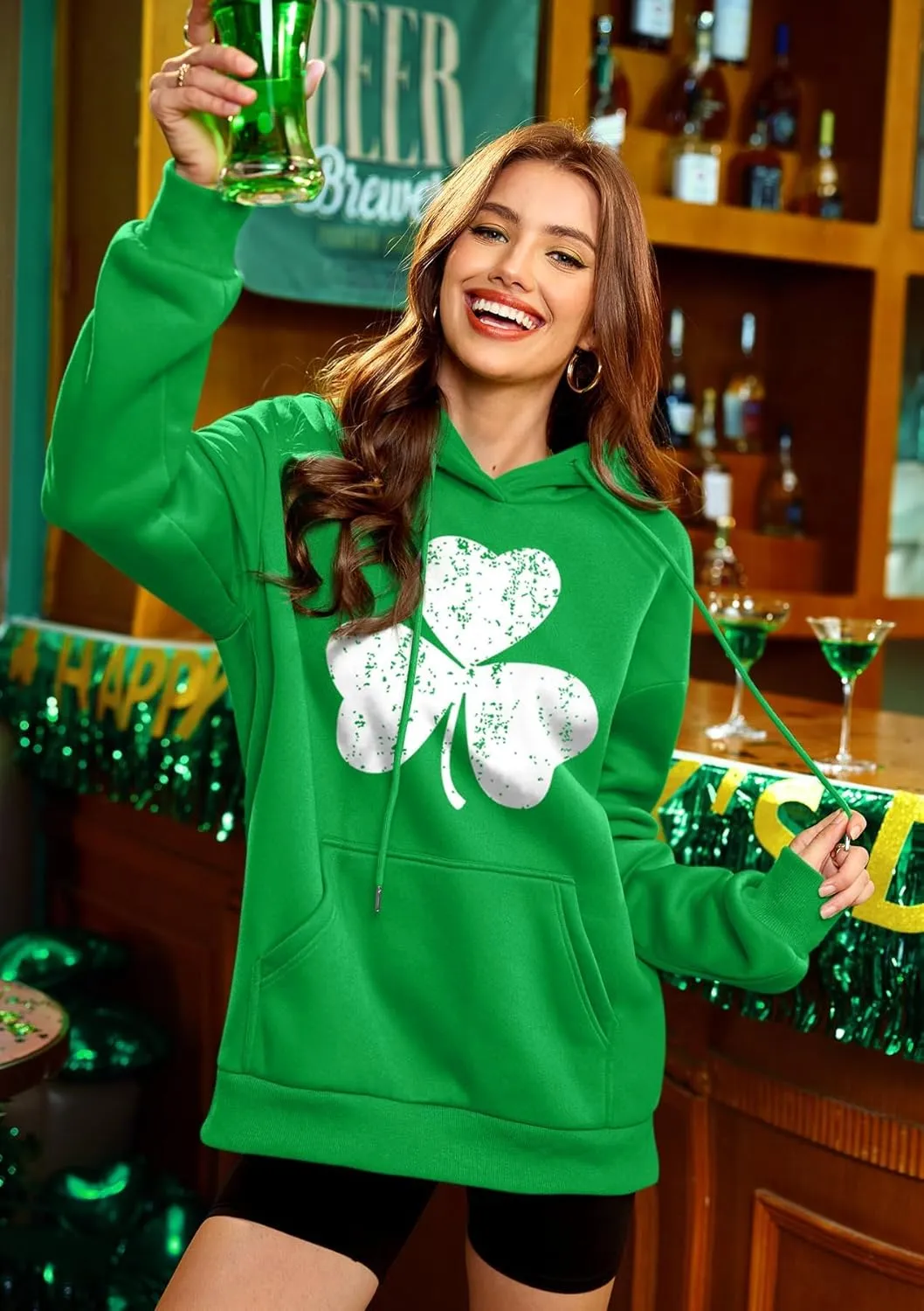 For G and PL Women's St. Patrick's Green Hoodie Long Sleeve Shamrock Print Sweatshirt with Pocket