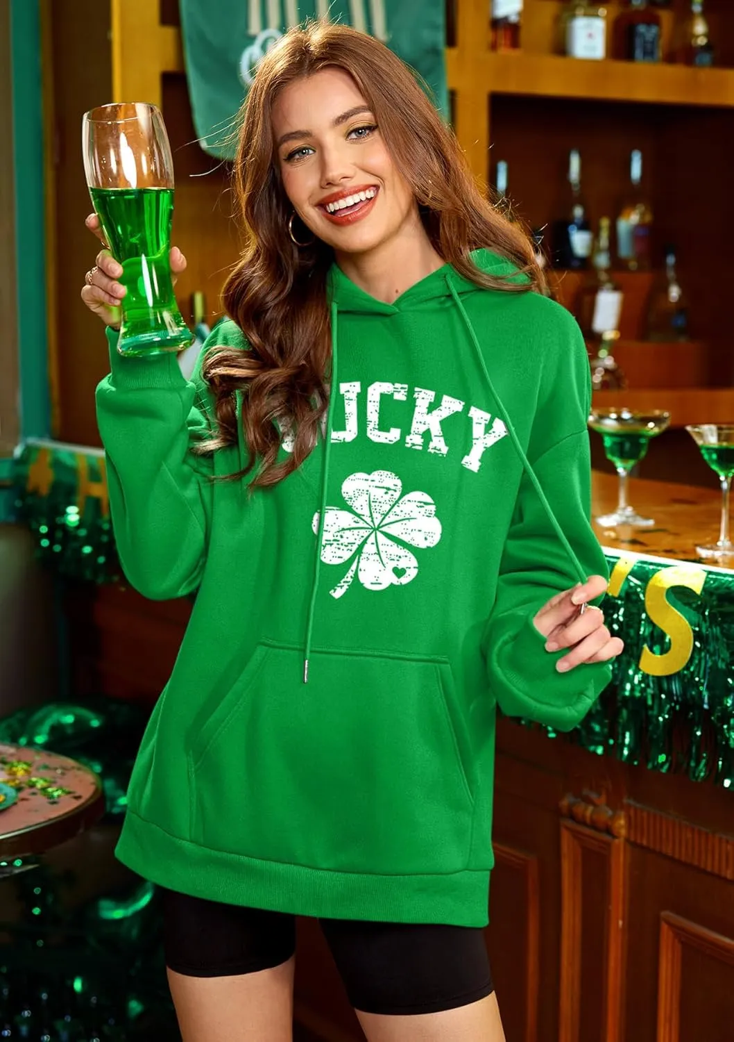 For G and PL Women's St. Patrick's Green Hoodie Long Sleeve Shamrock Print Sweatshirt with Pocket