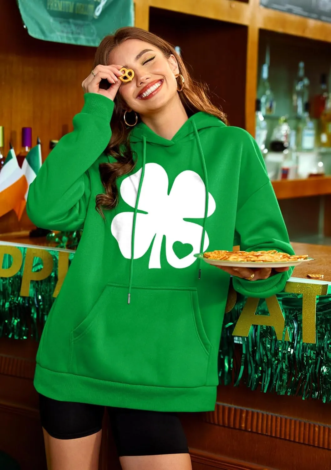 For G and PL Women's St. Patrick's Green Hoodie Long Sleeve Shamrock Print Sweatshirt with Pocket