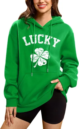 For G and PL Women's St. Patrick's Green Hoodie Long Sleeve Shamrock Print Sweatshirt with Pocket