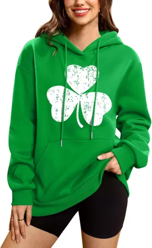 For G and PL Women's St. Patrick's Green Hoodie Long Sleeve Shamrock Print Sweatshirt with Pocket