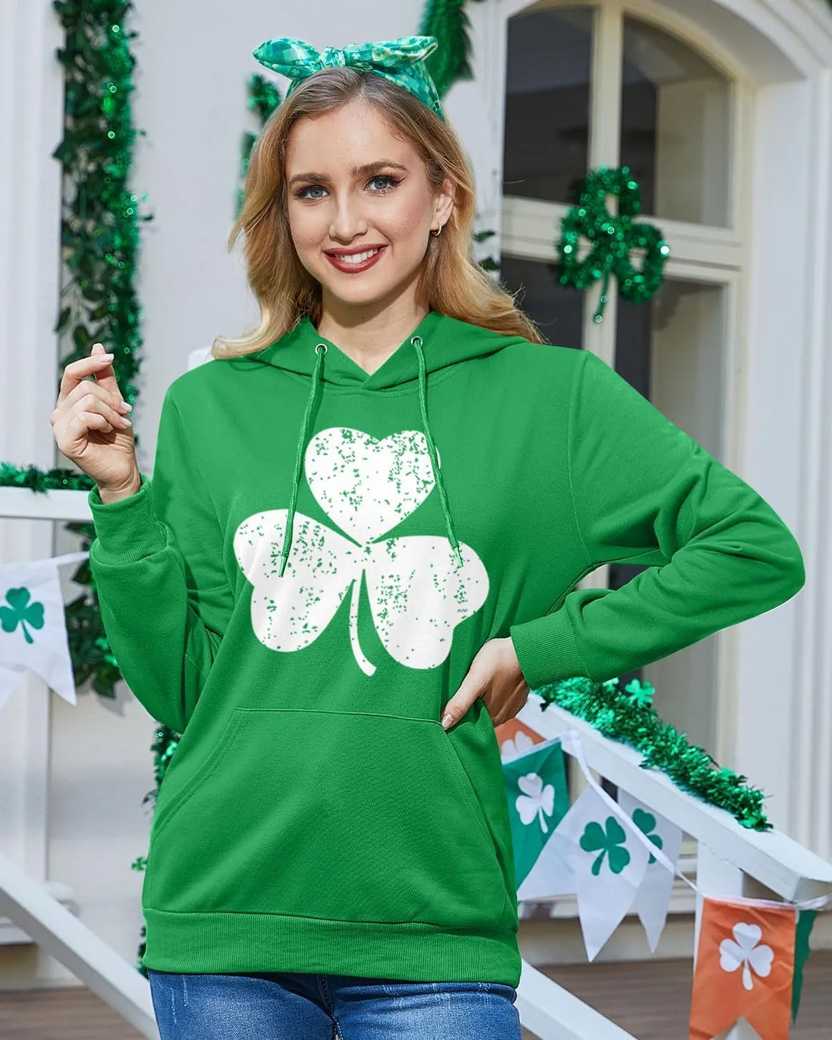 For G and PL Women's St. Patrick's Green Hoodie Long Sleeve Shamrock Print Sweatshirt with Pocket