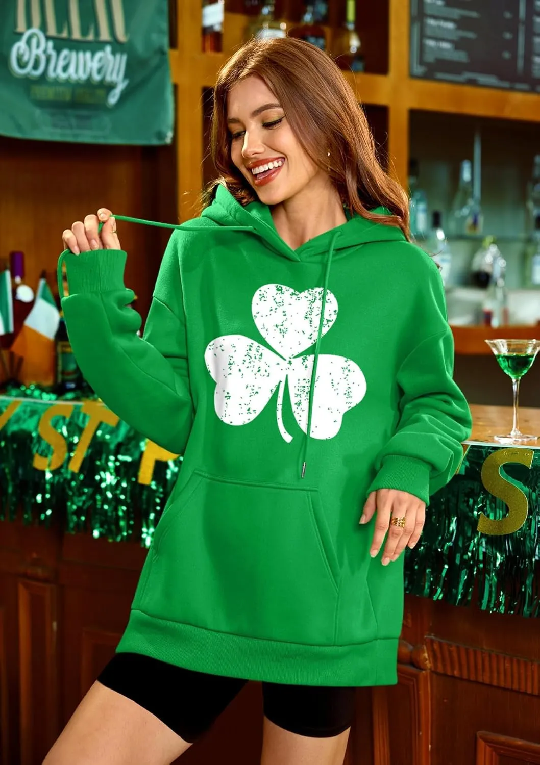 For G and PL Women's St. Patrick's Green Hoodie Long Sleeve Shamrock Print Sweatshirt with Pocket