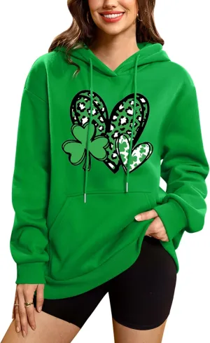 For G and PL Women's St. Patrick's Green Hoodie Long Sleeve Shamrock Print Sweatshirt with Pocket