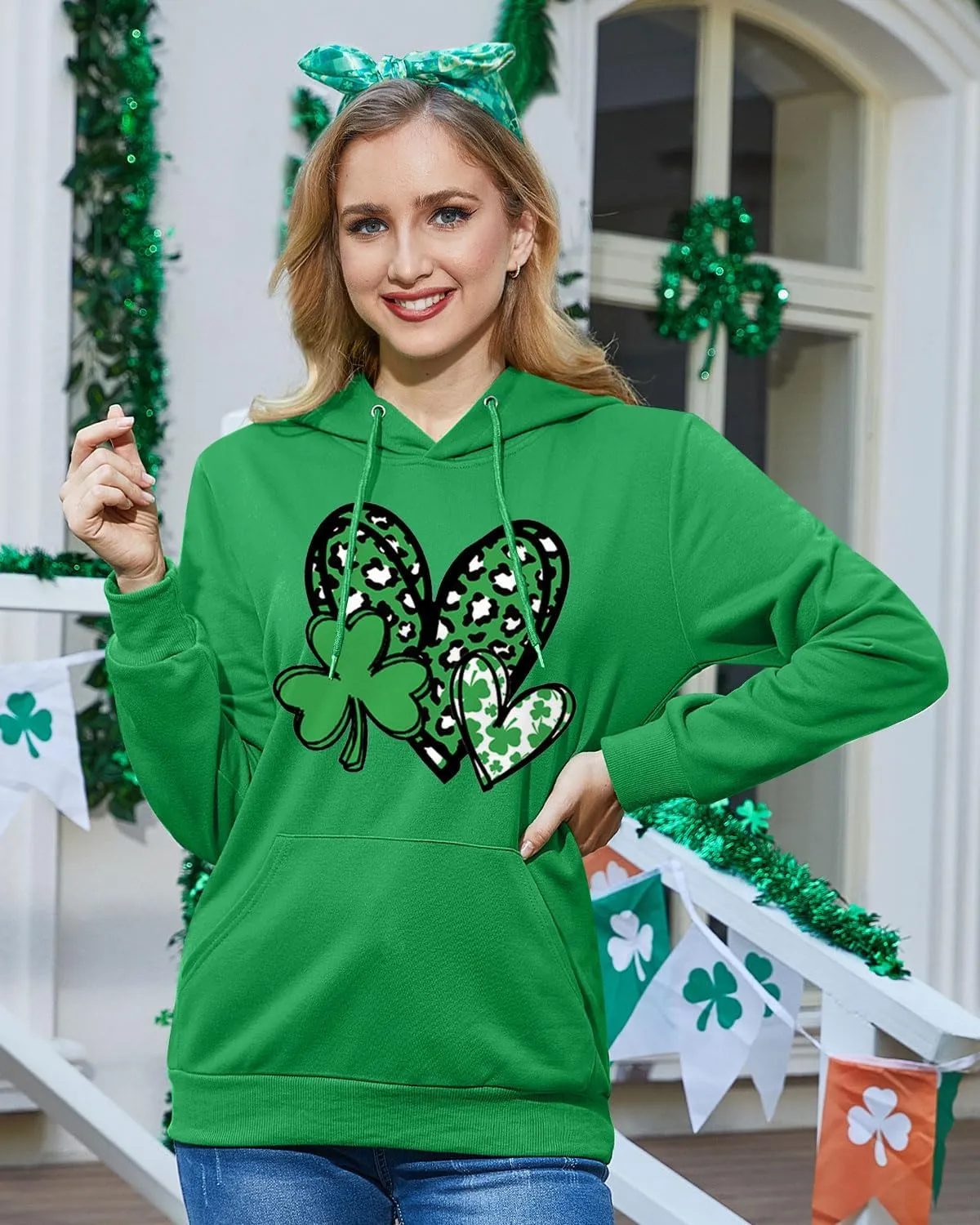 For G and PL Women's St. Patrick's Green Hoodie Long Sleeve Shamrock Print Sweatshirt with Pocket