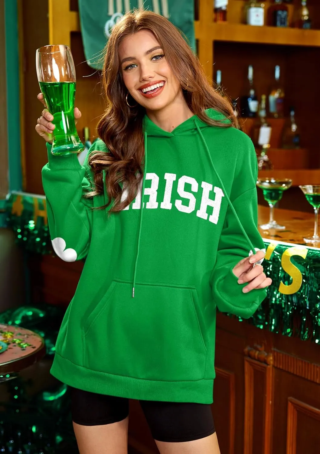 For G and PL Women's St. Patrick's Green Hoodie Long Sleeve Shamrock Print Sweatshirt with Pocket