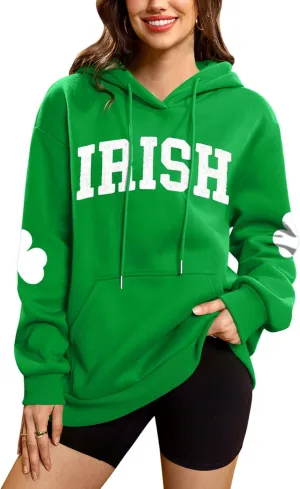 For G and PL Women's St. Patrick's Green Hoodie Long Sleeve Shamrock Print Sweatshirt with Pocket