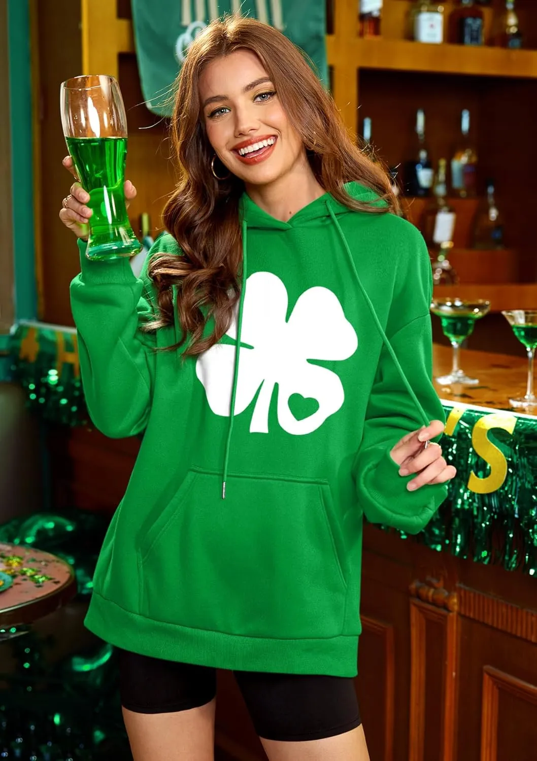 For G and PL Women's St. Patrick's Green Hoodie Long Sleeve Shamrock Print Sweatshirt with Pocket
