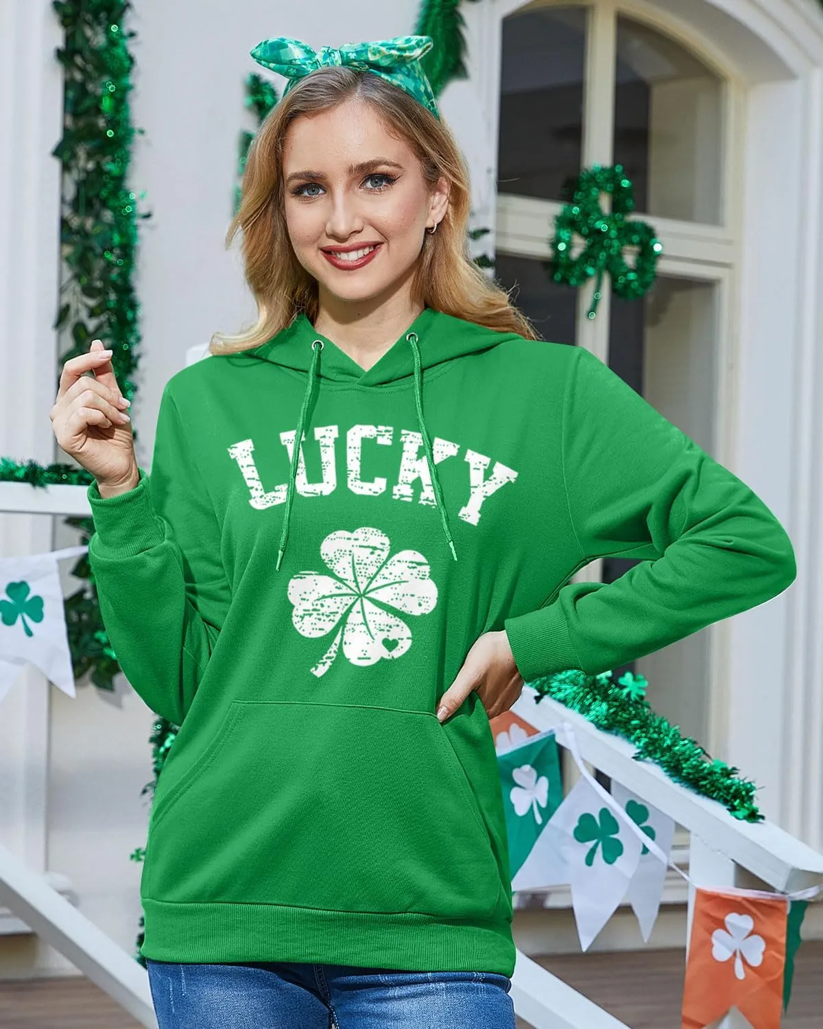 For G and PL Women's St. Patrick's Green Hoodie Long Sleeve Shamrock Print Sweatshirt with Pocket