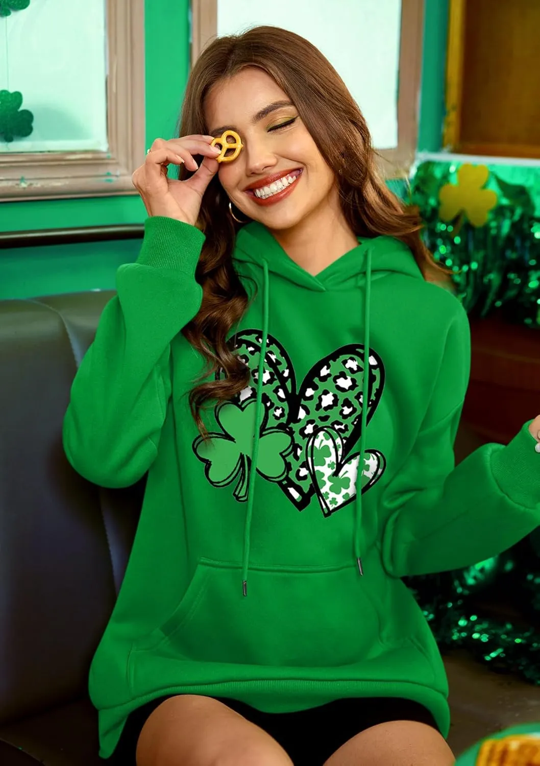 For G and PL Women's St. Patrick's Green Hoodie Long Sleeve Shamrock Print Sweatshirt with Pocket