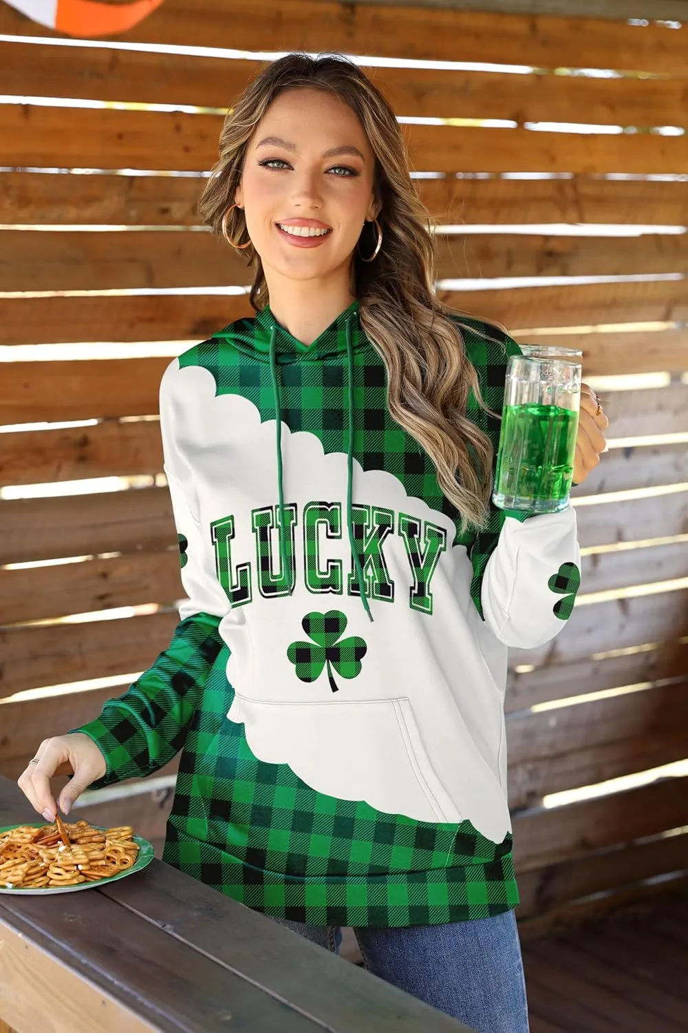 For G and PL Women's St. Patrick's Long Sleeve Shamrock Hoodie with Pockets