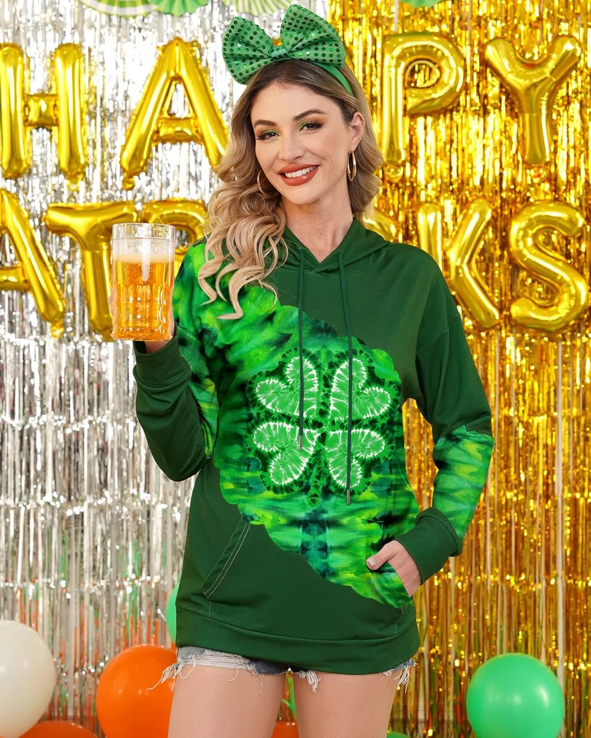 For G and PL Women's St. Patrick's Long Sleeve Shamrock Hoodie with Pockets