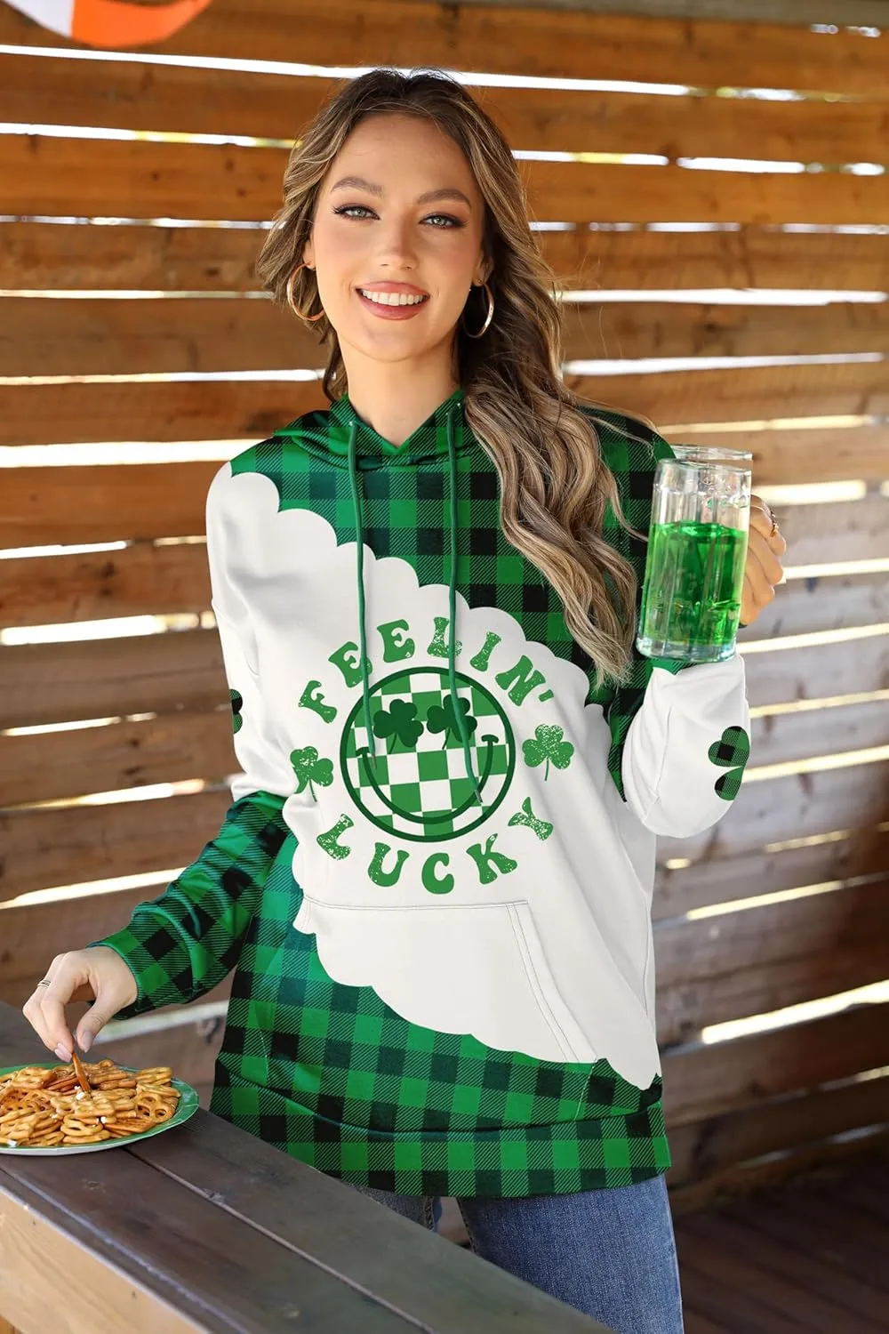 For G and PL Women's St. Patrick's Long Sleeve Shamrock Hoodie with Pockets