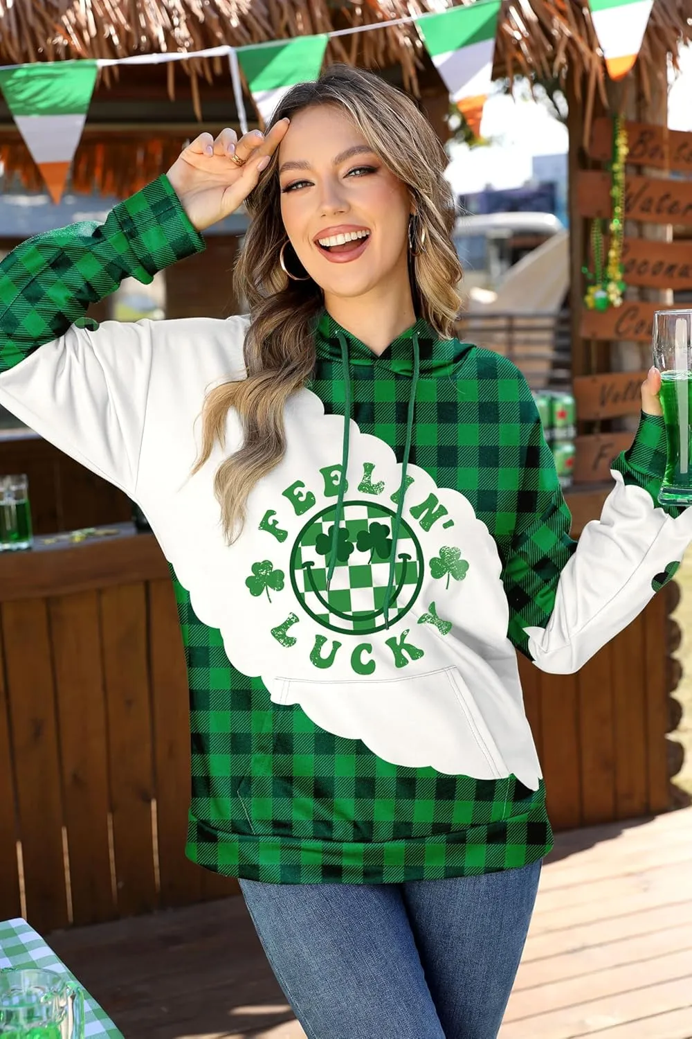 For G and PL Women's St. Patrick's Long Sleeve Shamrock Hoodie with Pockets