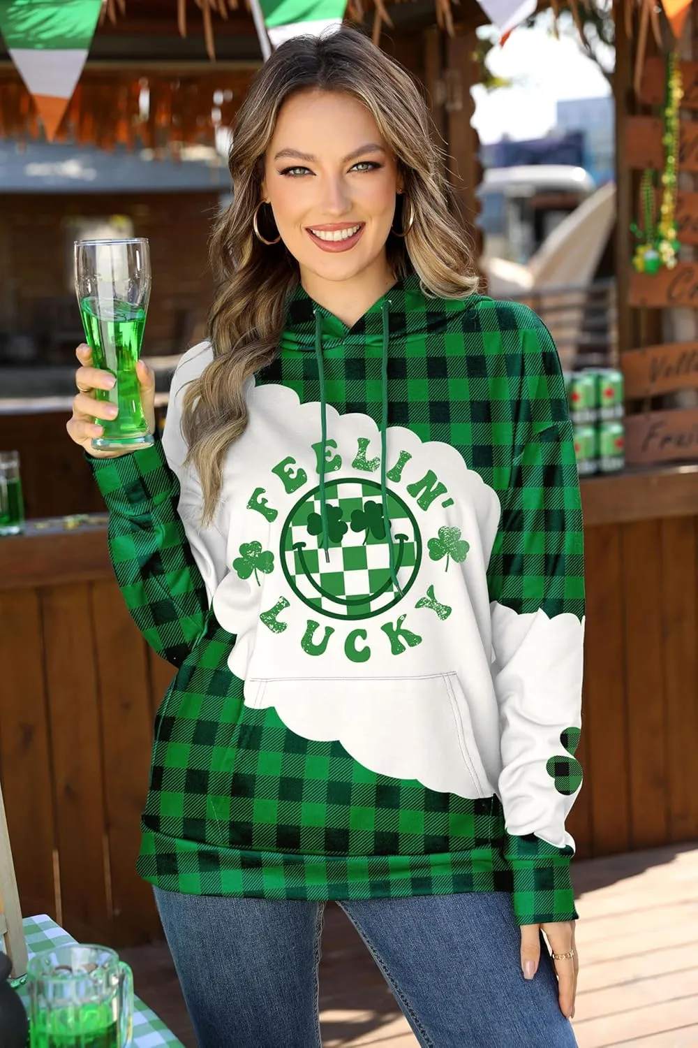 For G and PL Women's St. Patrick's Long Sleeve Shamrock Hoodie with Pockets