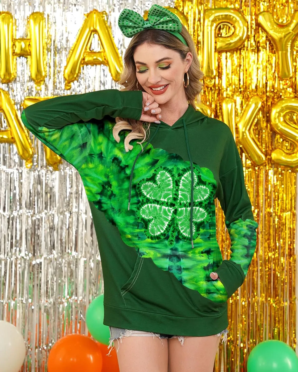 For G and PL Women's St. Patrick's Long Sleeve Shamrock Hoodie with Pockets