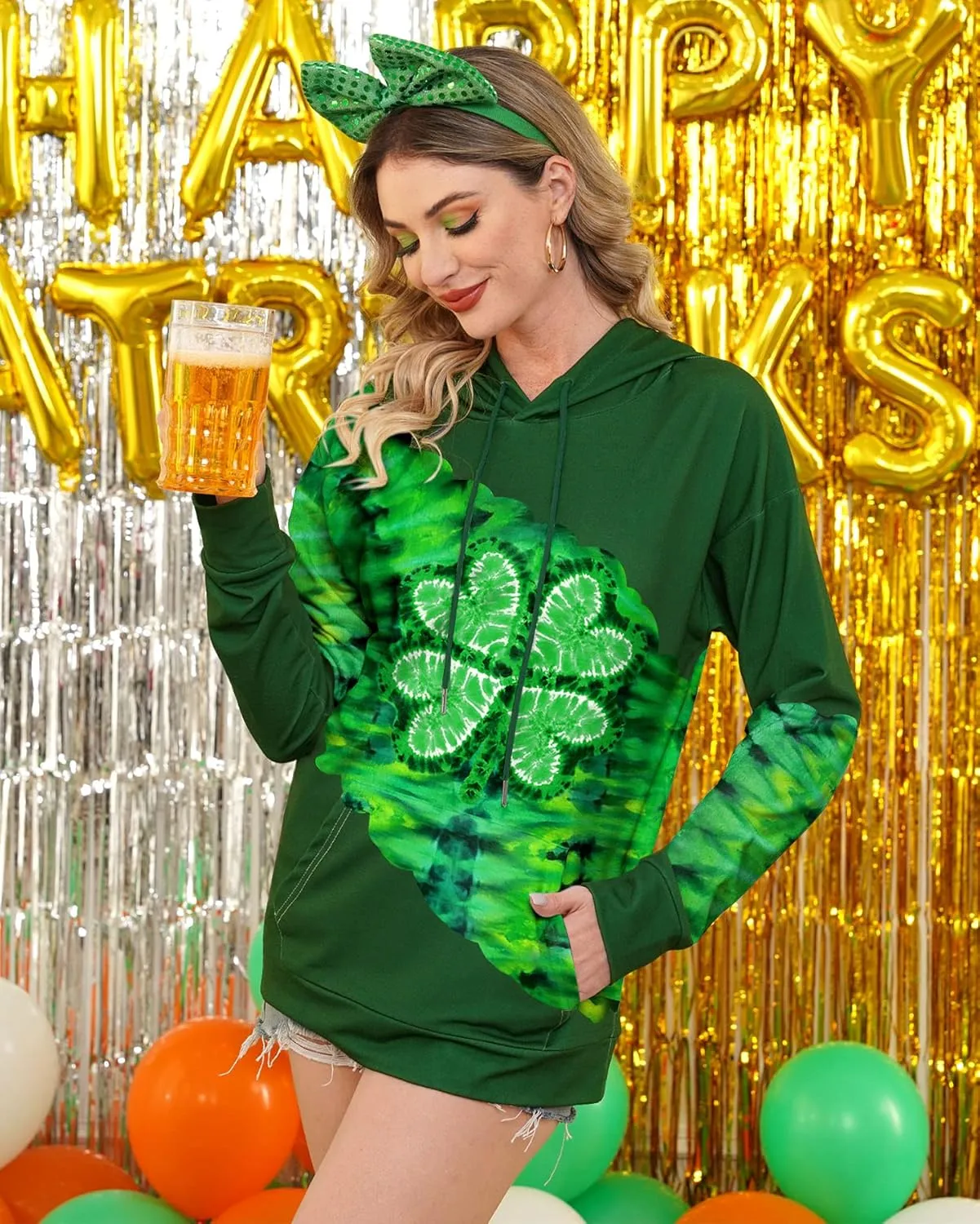 For G and PL Women's St. Patrick's Long Sleeve Shamrock Hoodie with Pockets