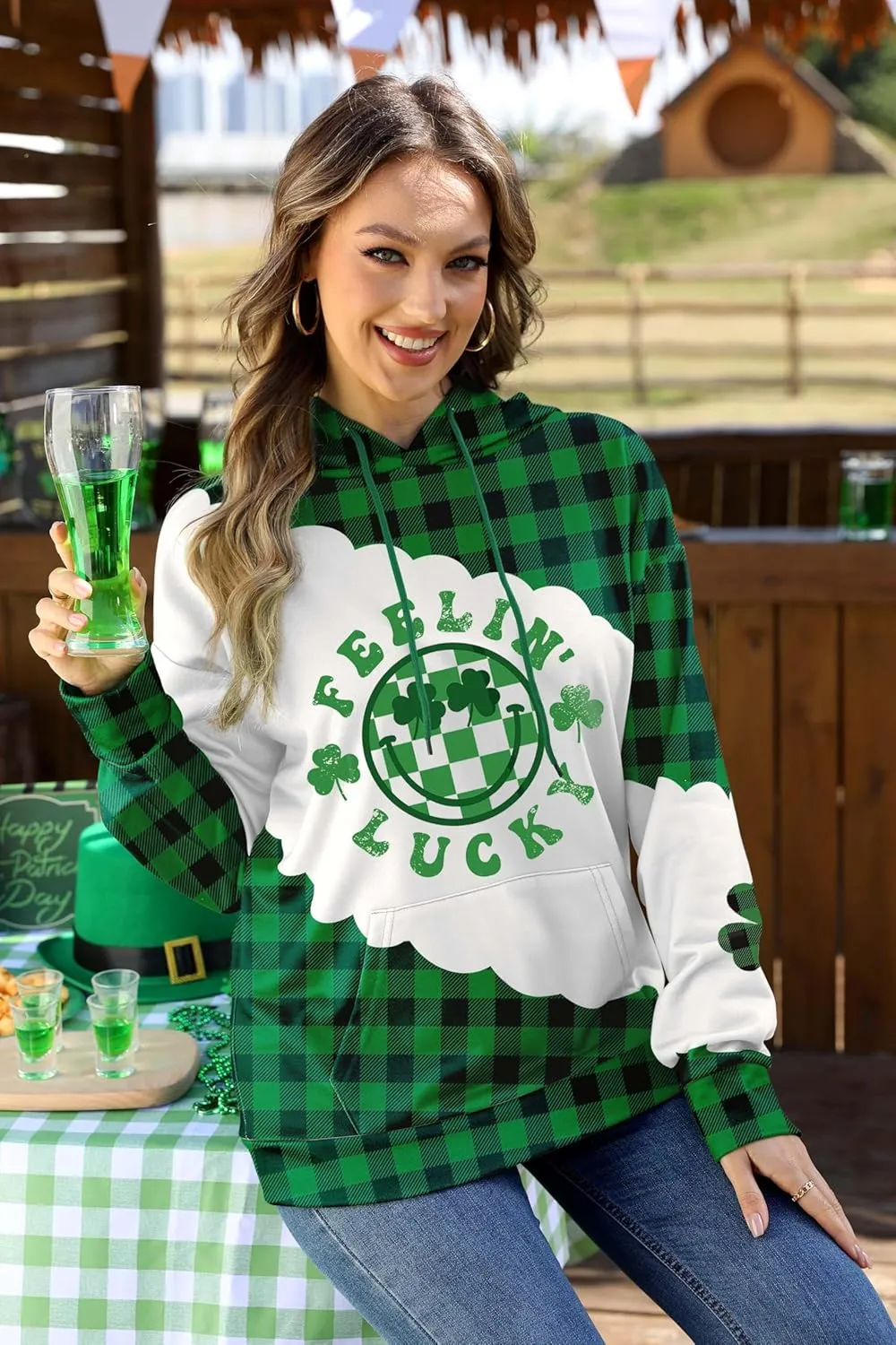 For G and PL Women's St. Patrick's Long Sleeve Shamrock Hoodie with Pockets