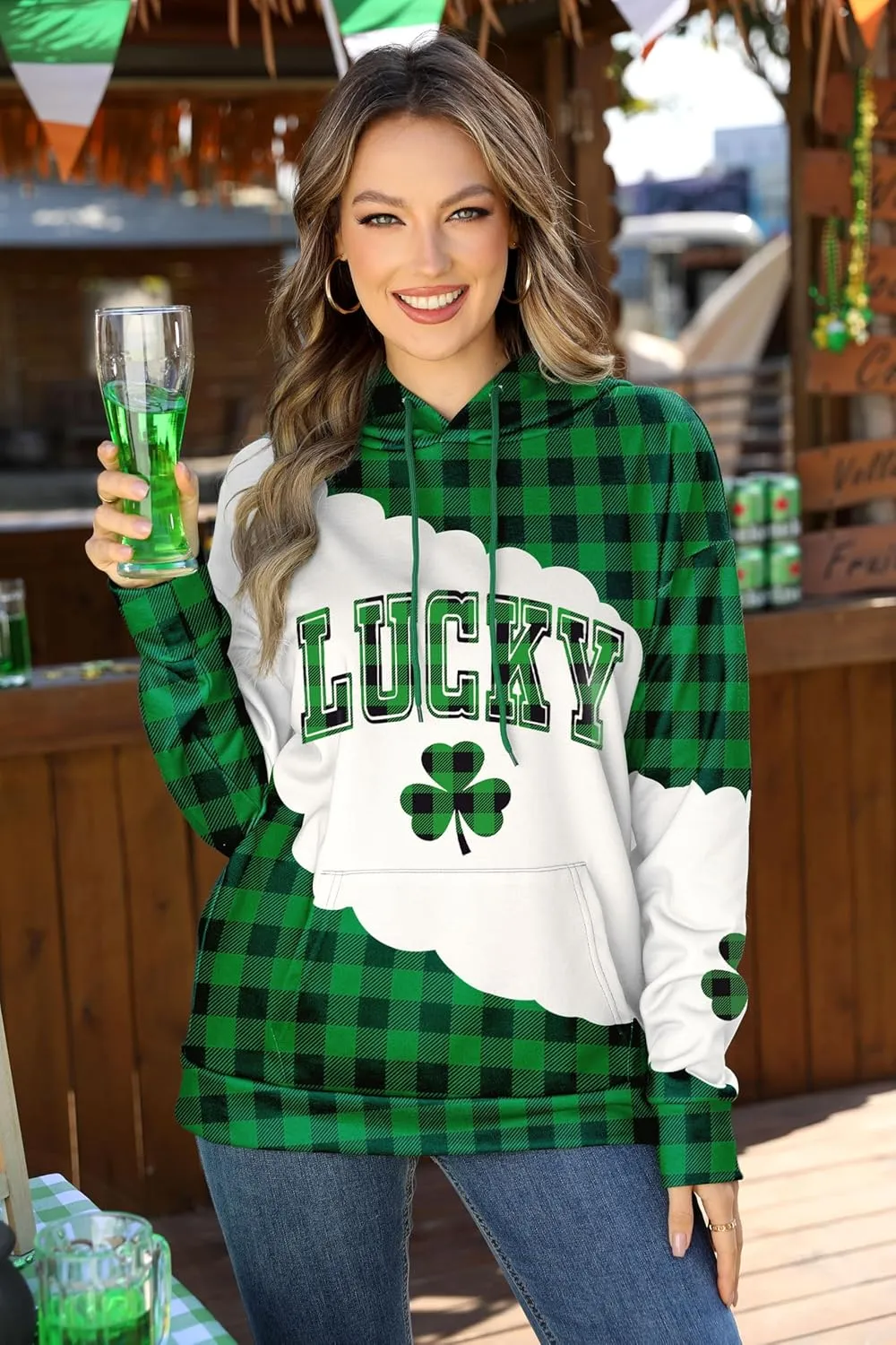 For G and PL Women's St. Patrick's Long Sleeve Shamrock Hoodie with Pockets