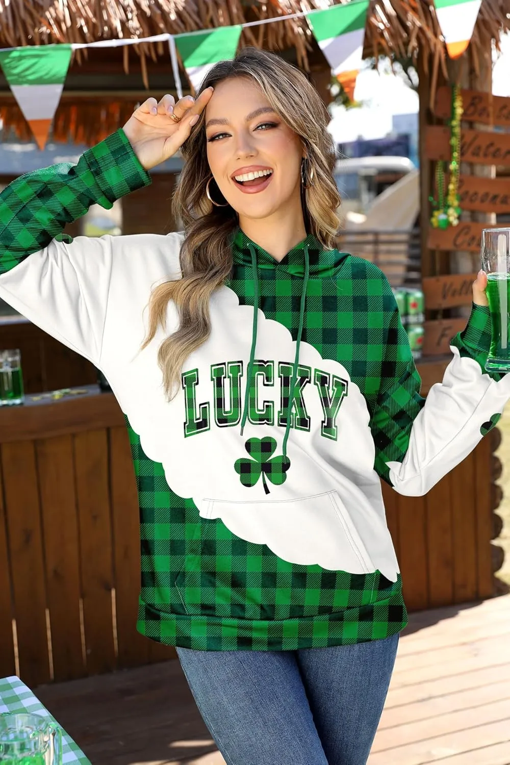 For G and PL Women's St. Patrick's Long Sleeve Shamrock Hoodie with Pockets