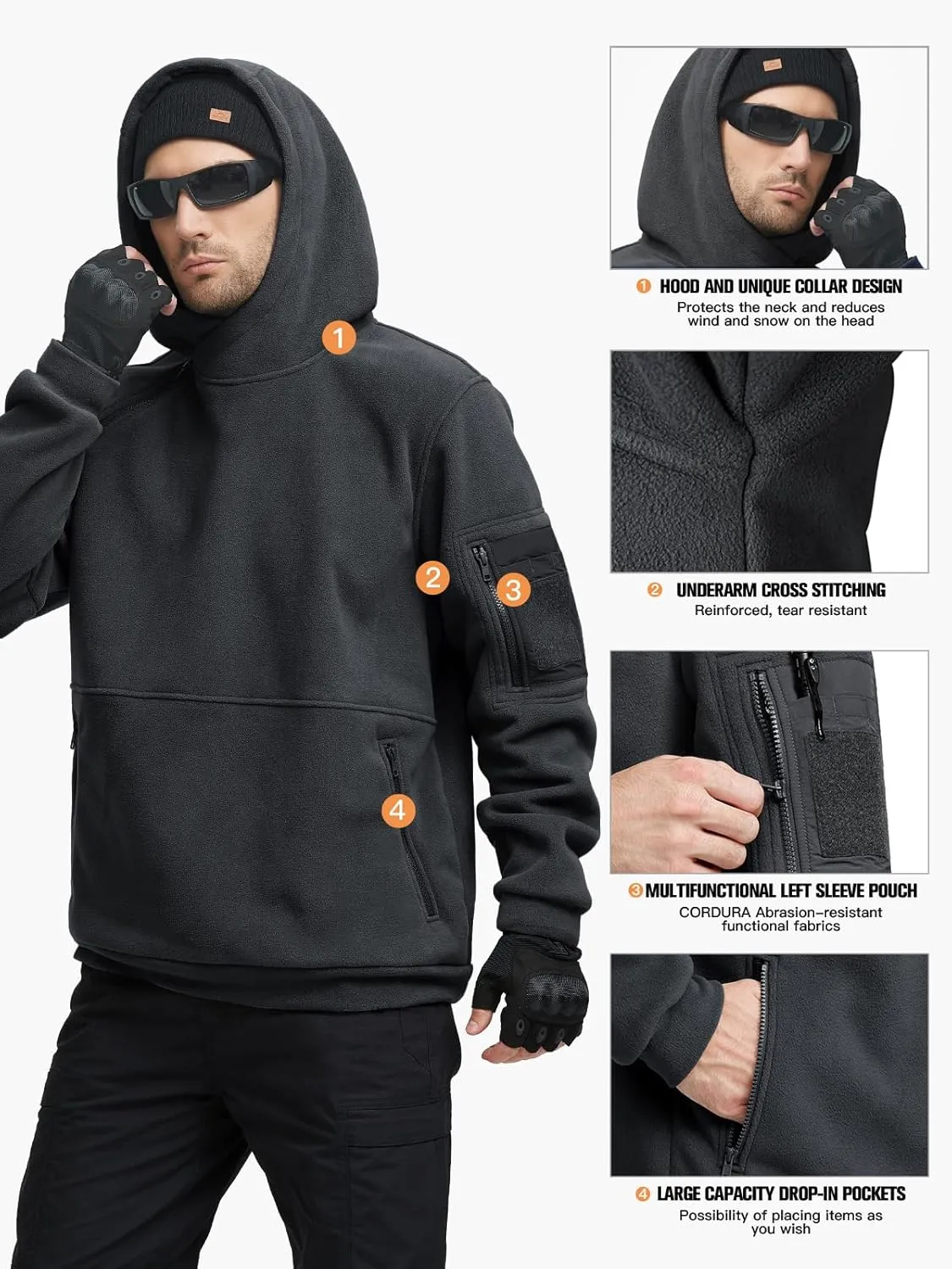 FREE SOLDIER Men's Tactical Winter Fleece Pullover Hoodie Warm Long Fleece lined Hooded Sweatshirt