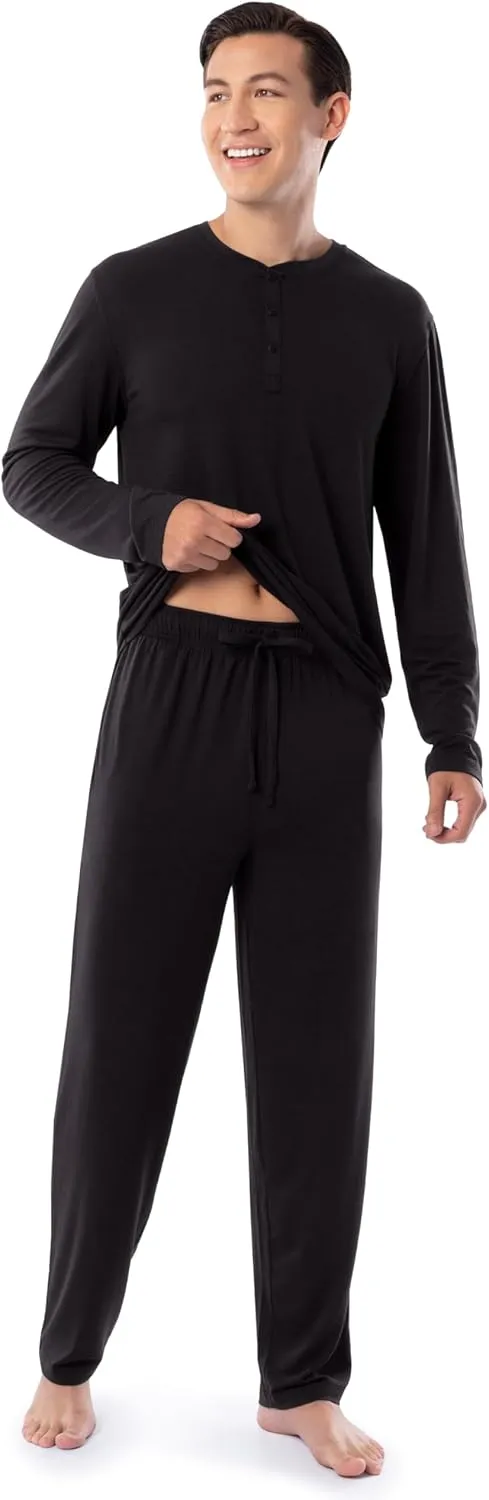 Fruit of the Loom Men's 360 Stretch Long Sleeve Henley Top and Pant Sleep Pajama Set