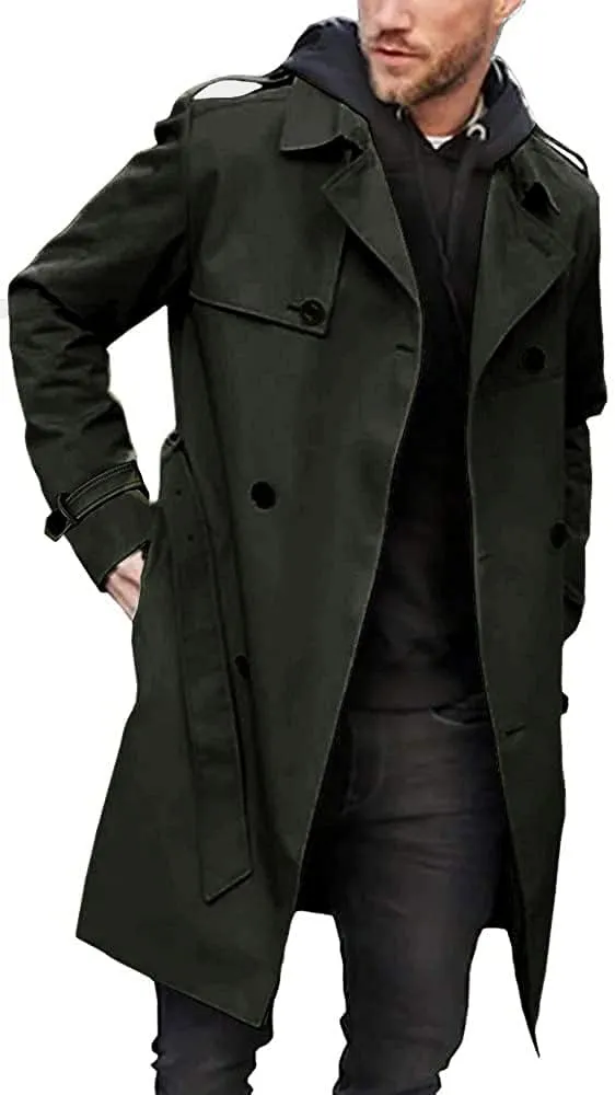 Gafeng Men's Trench Coat Slim fit Double Breasted Belted Windbreaker Lapel Long Jacket Casual Windproof Overcoat