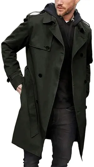 Gafeng Men's Trench Coat Slim fit Double Breasted Belted Windbreaker Lapel Long Jacket Casual Windproof Overcoat
