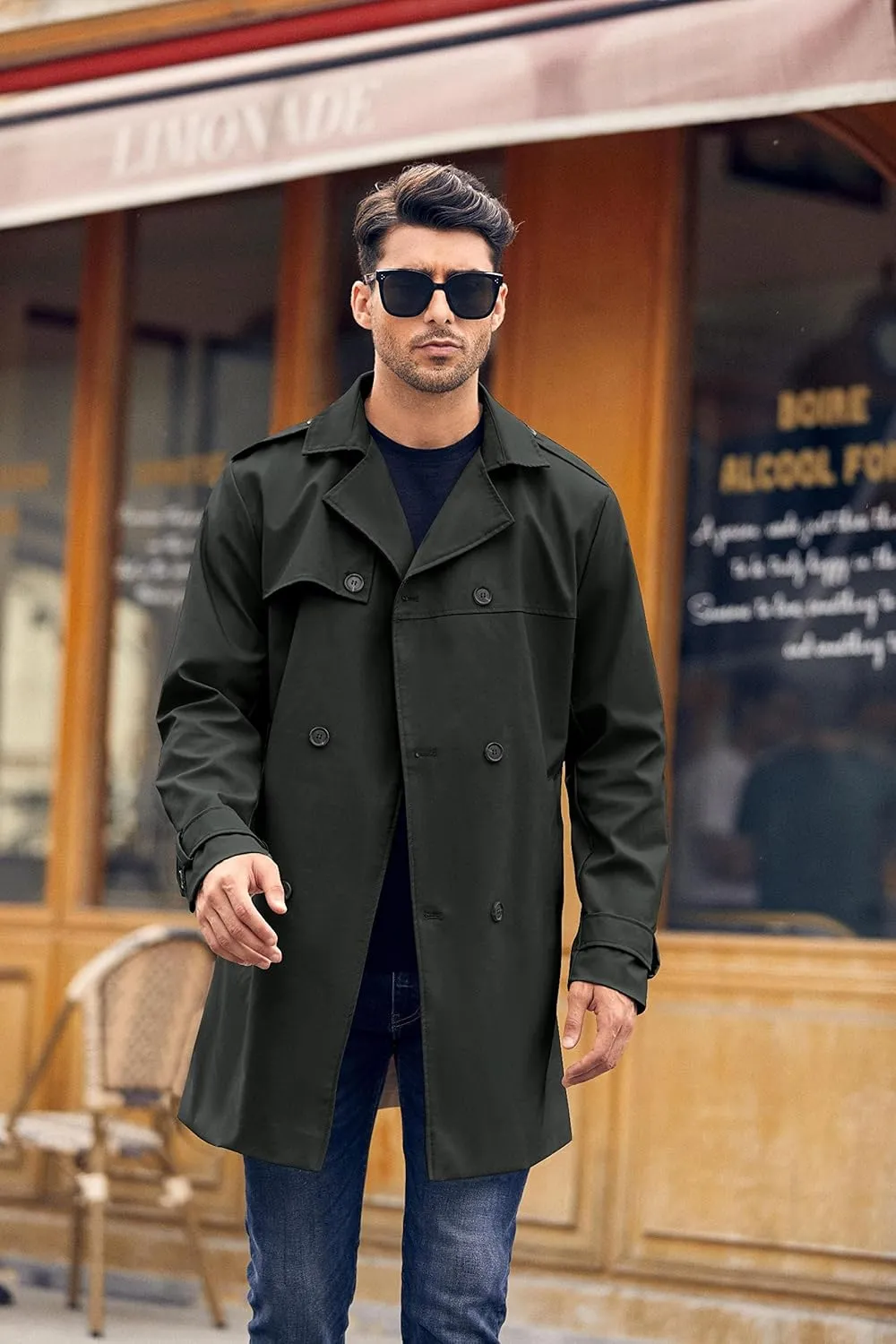 Gafeng Men's Trench Coat Slim fit Double Breasted Belted Windbreaker Lapel Long Jacket Casual Windproof Overcoat
