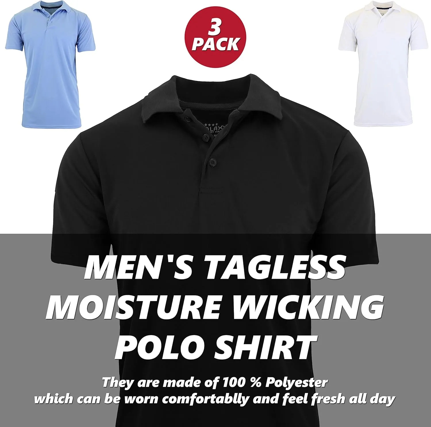 Galaxy by Harvic Men's Tagless Moisture Wicking Polo Shirt (3-Pack)