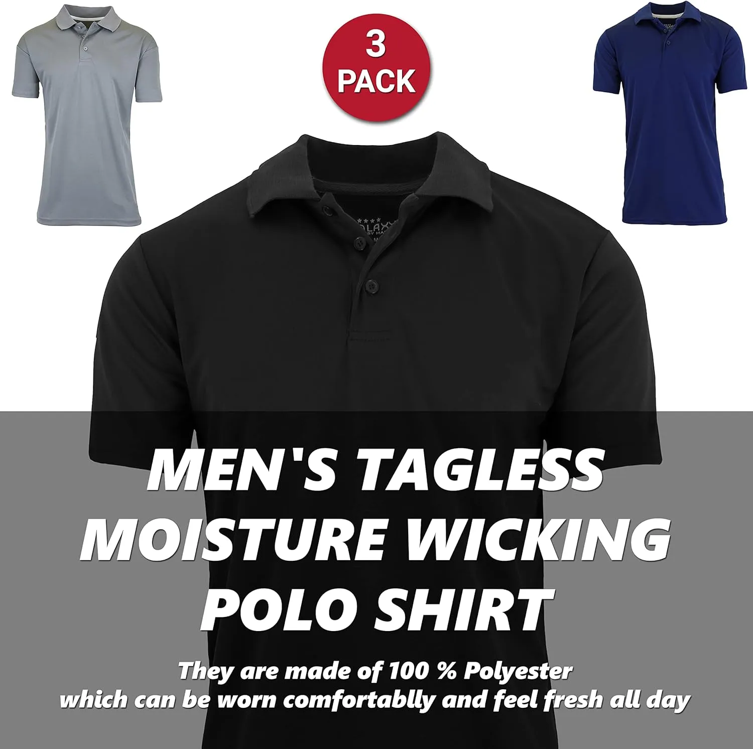 Galaxy by Harvic Men's Tagless Moisture Wicking Polo Shirt (3-Pack)