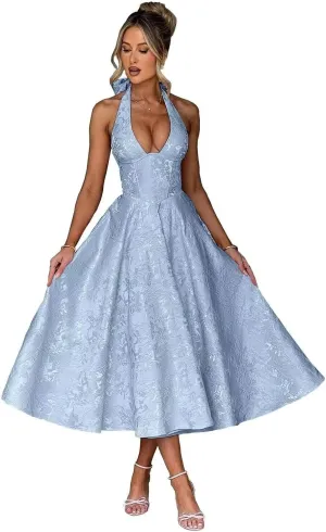 GATMAHE Halter Jacquard Satin Prom Dresses for Women 2025 A Line Tea Length Formal Evening Gown
