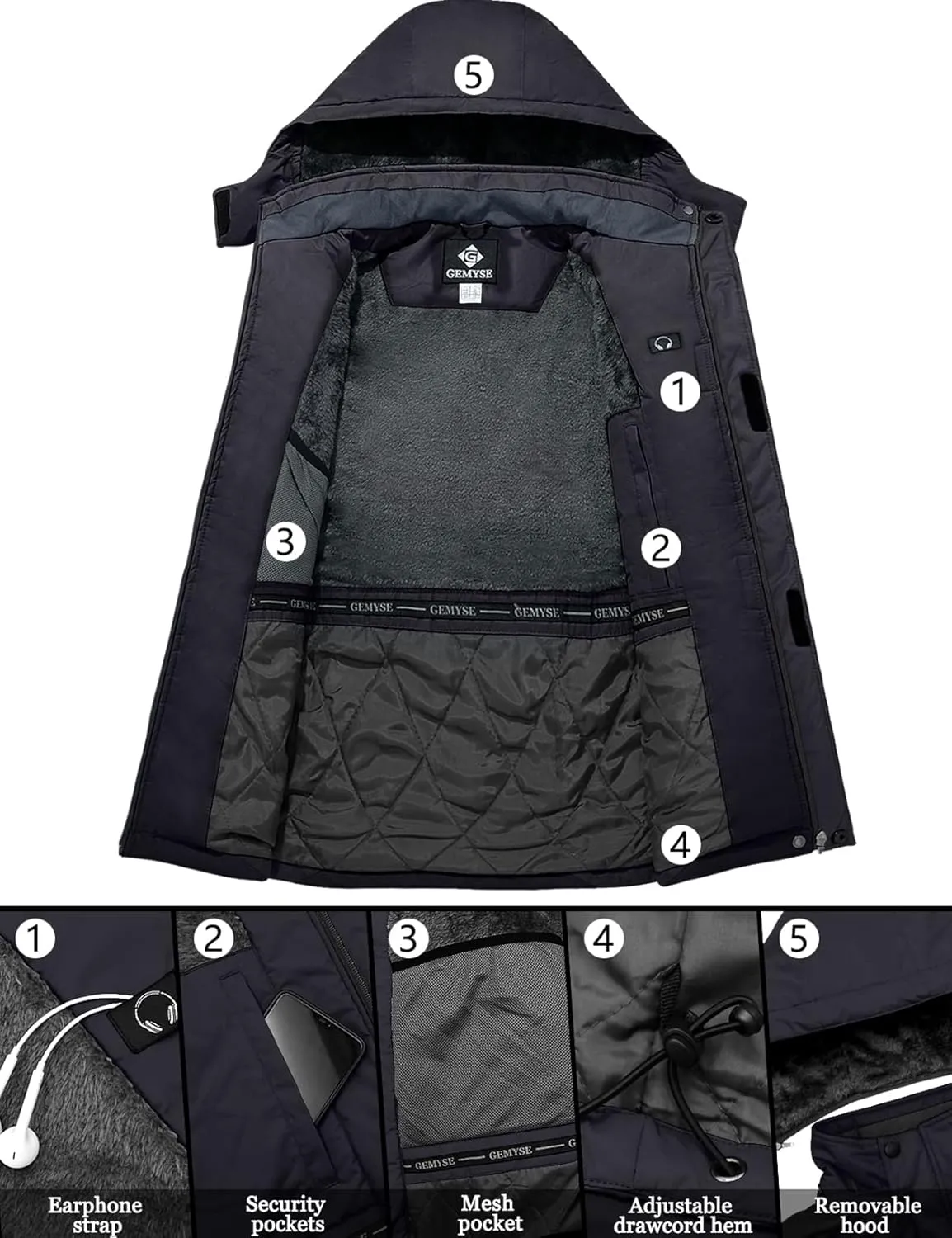 GEMYSE Men's Ski Snow Jacket Warm Winter Waterproof Coat Snowboard Rain Jacket Hooded Windproof Windbreaker