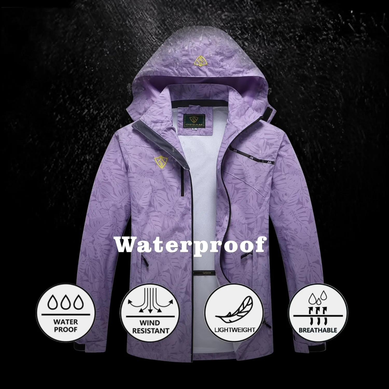 GIISAM Women's Waterproof Rain Jacket,Lightweight Windproof Full Zip Women's Packable Fall Raincoat Windbreaker with Hood