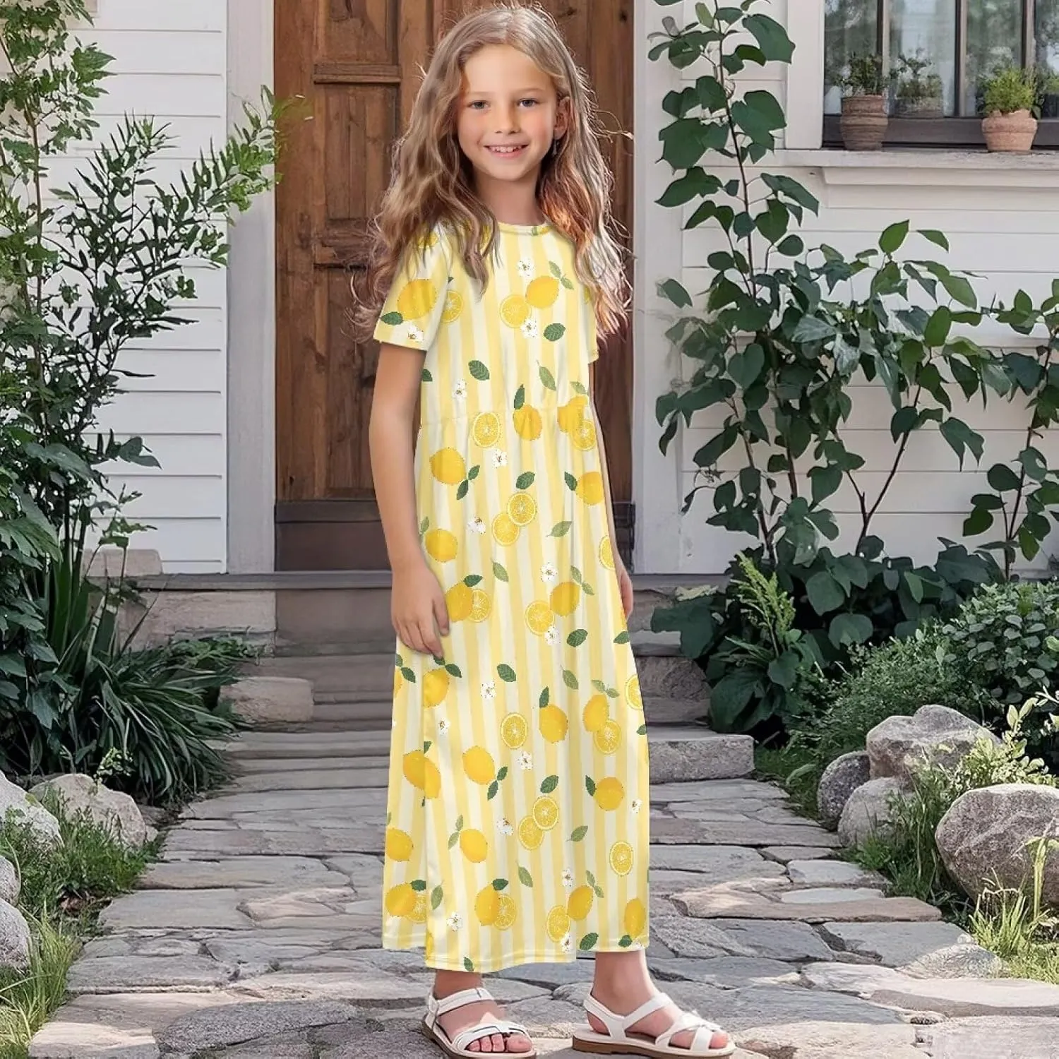 Girls Maxi Dress with Pockets Short Sleeve Swing Flowy Dress Holiday Dresses Summer Beach Sundress for 5-14 Years