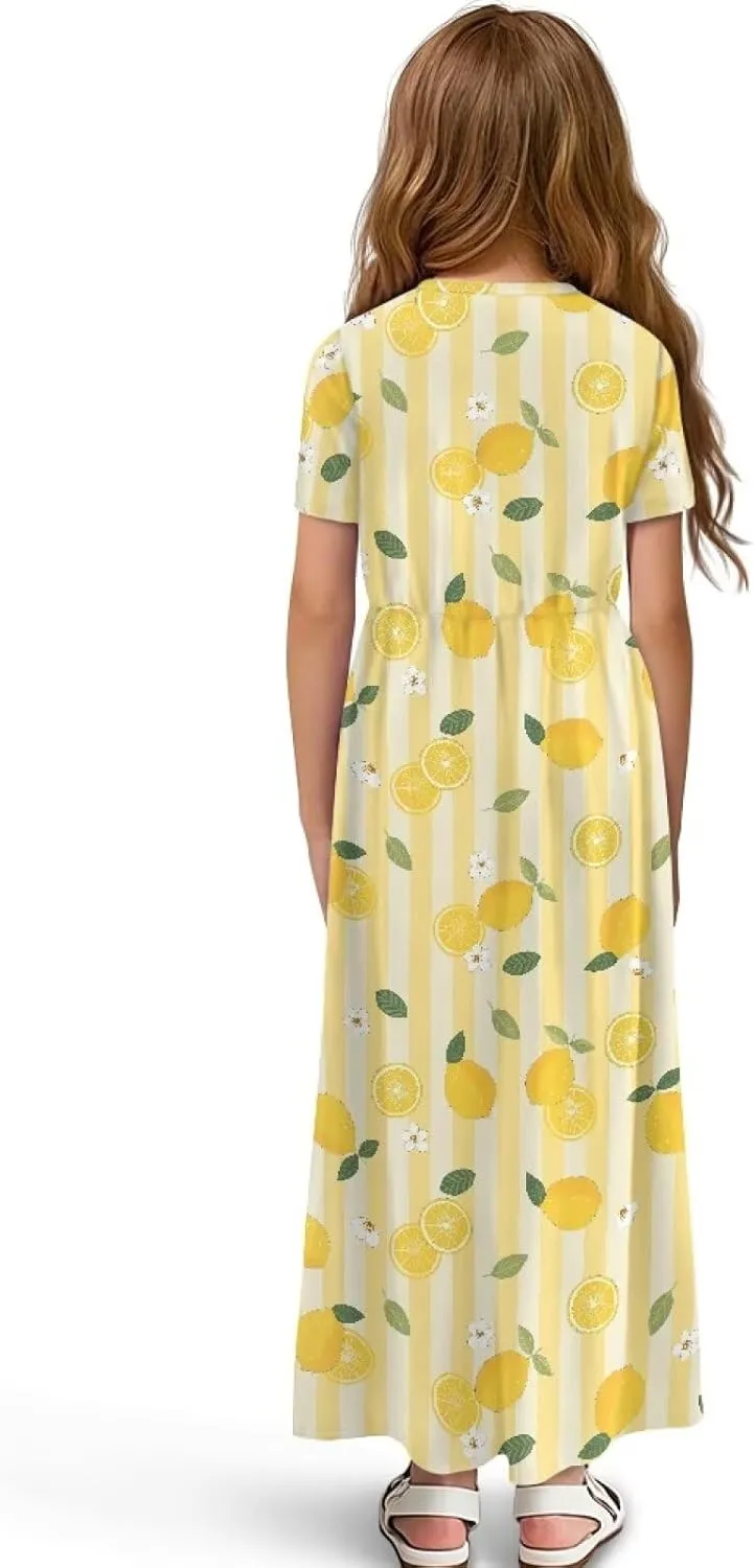 Girls Maxi Dress with Pockets Short Sleeve Swing Flowy Dress Holiday Dresses Summer Beach Sundress for 5-14 Years