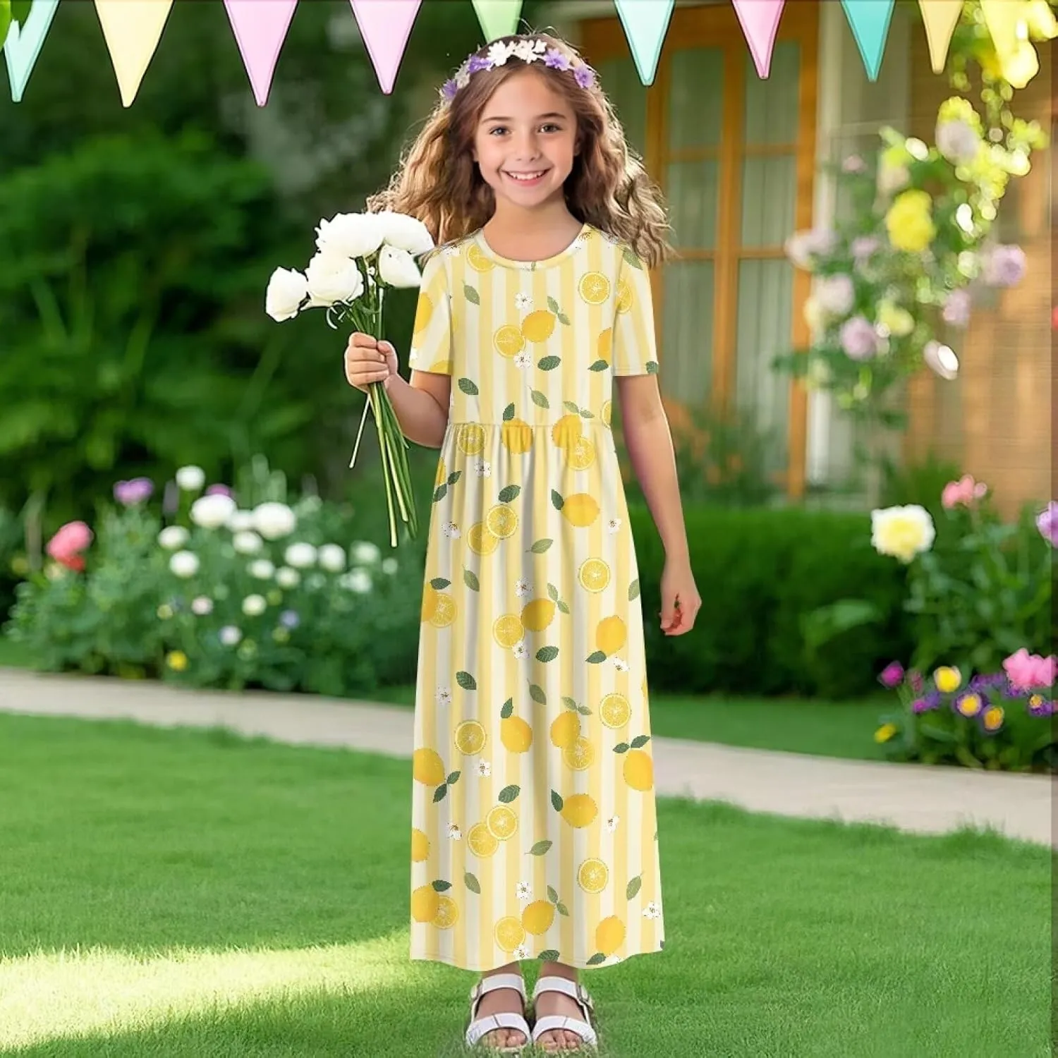 Girls Maxi Dress with Pockets Short Sleeve Swing Flowy Dress Holiday Dresses Summer Beach Sundress for 5-14 Years
