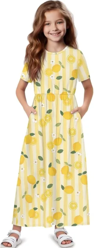 Girls Maxi Dress with Pockets Short Sleeve Swing Flowy Dress Holiday Dresses Summer Beach Sundress for 5-14 Years