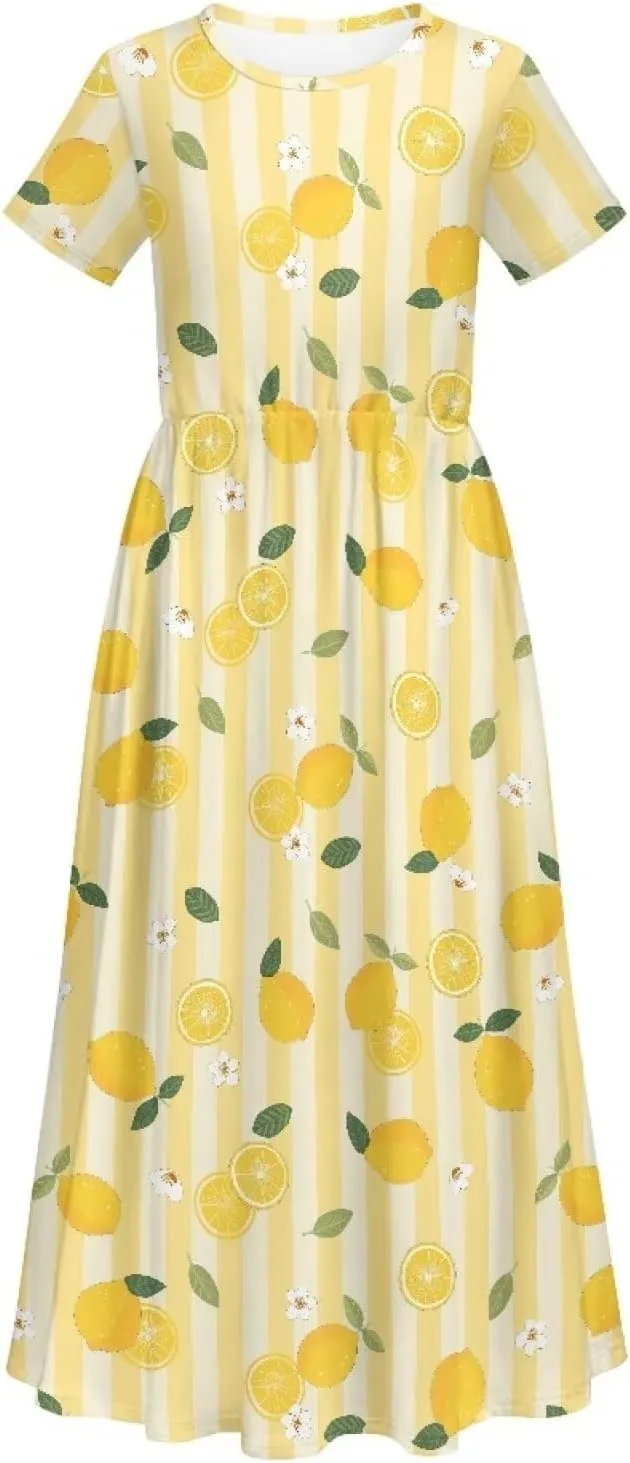 Girls Maxi Dress with Pockets Short Sleeve Swing Flowy Dress Holiday Dresses Summer Beach Sundress for 5-14 Years