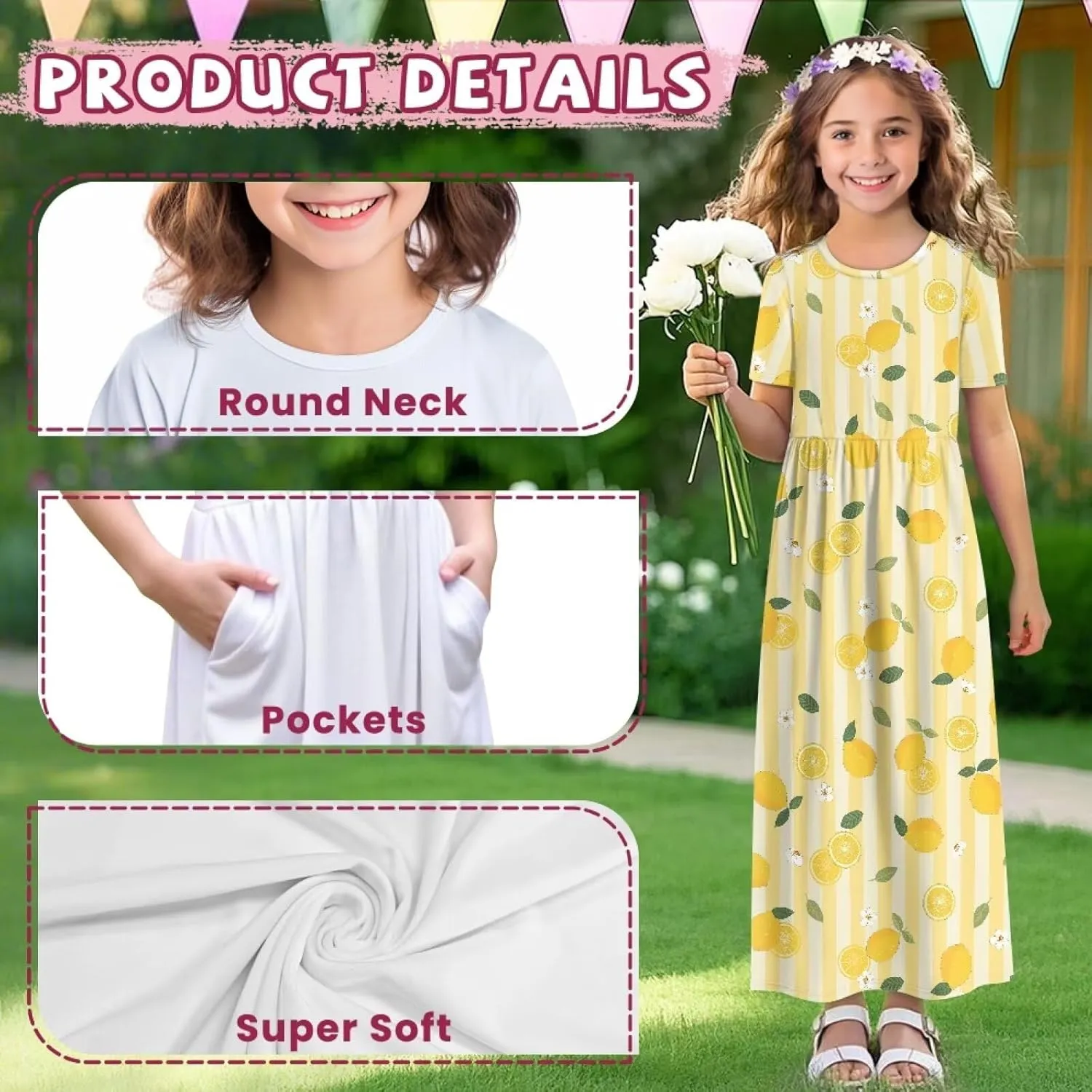 Girls Maxi Dress with Pockets Short Sleeve Swing Flowy Dress Holiday Dresses Summer Beach Sundress for 5-14 Years