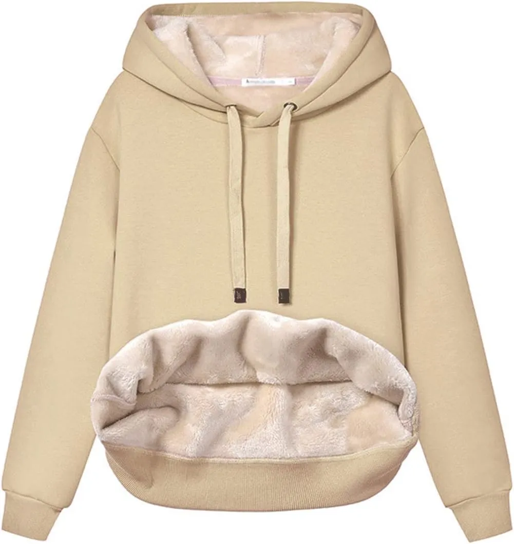 Gnveub Women's Casual Winter Warm Fleece Sherpa Lined Hooded Sweatshirt Thick Pullover Plus with Pockets