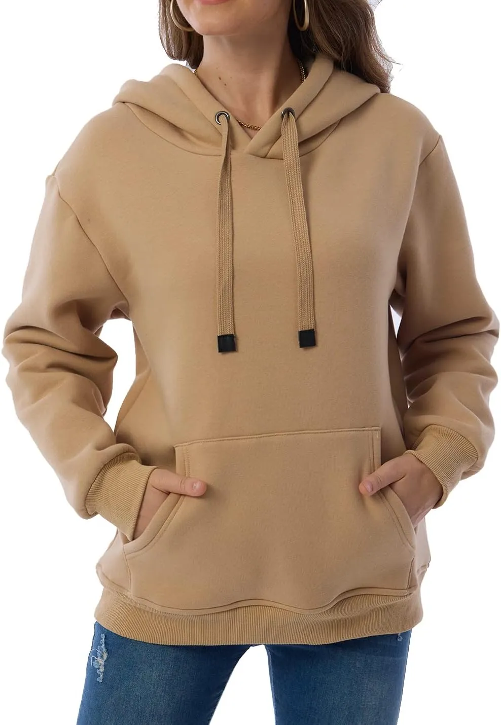 Gnveub Women's Casual Winter Warm Fleece Sherpa Lined Hooded Sweatshirt Thick Pullover Plus with Pockets