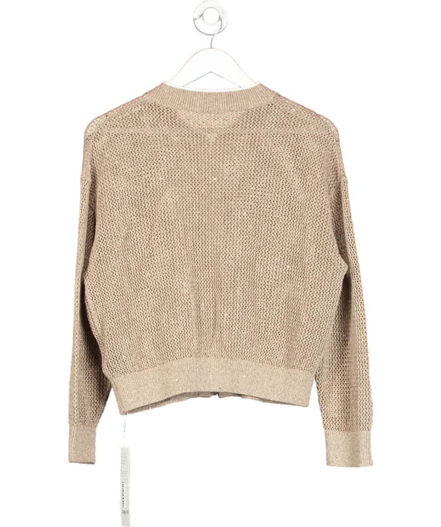 GOELIA Beige Linen Openwork Sequins Zip-up Women Jacket UK M