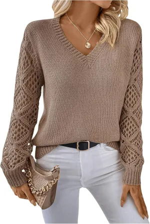 GORGLITTER Women's Hollow Out Sweater V Neck Long Sleeve Knit Pullover Top Fall Fashion Fall Fashion