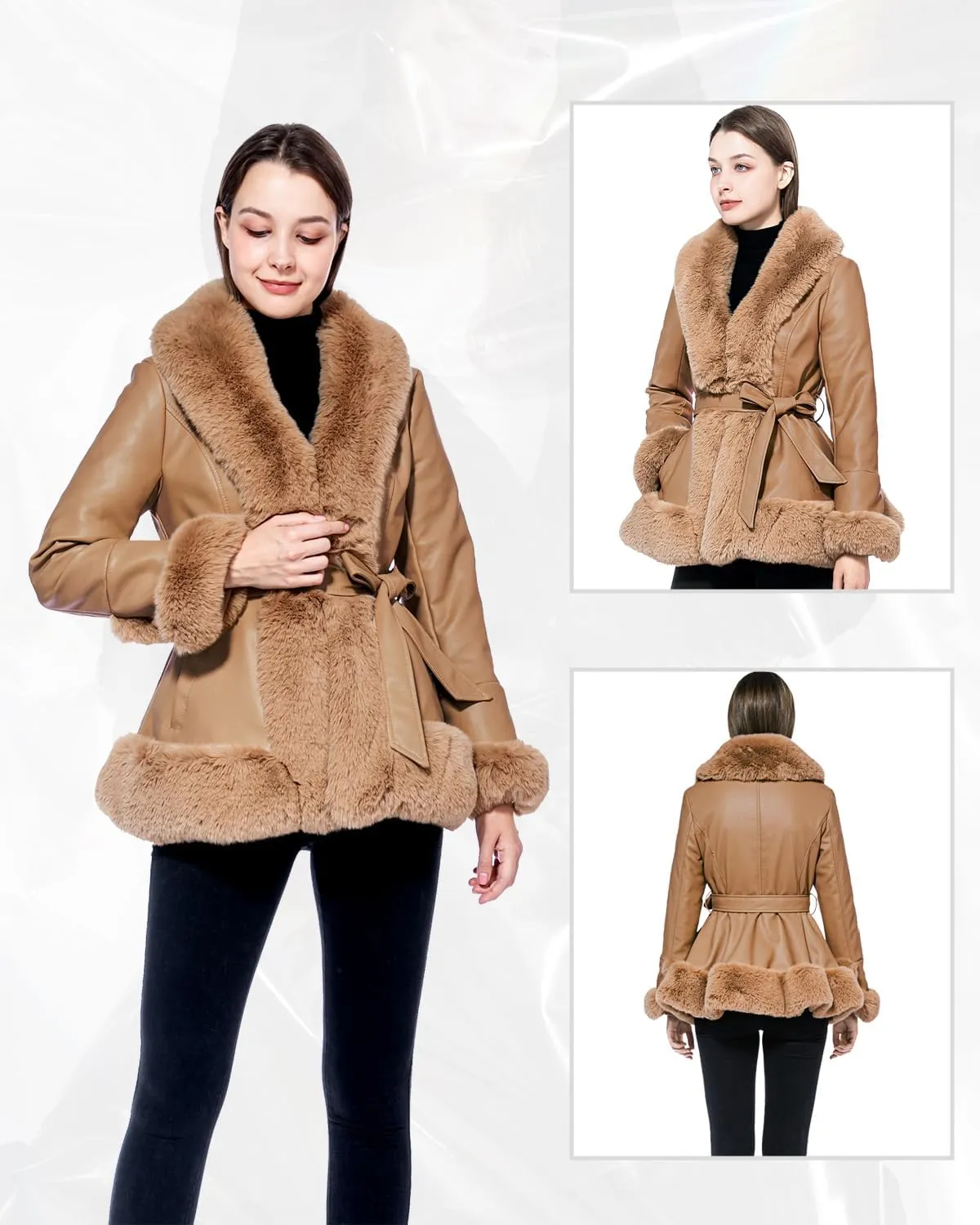 GRAN ORIENTE Women's Faux Leather Jacket with Faux Fur Collar, Winter Long Sleeve Furry Trim Peplum Parka Coat with Belt