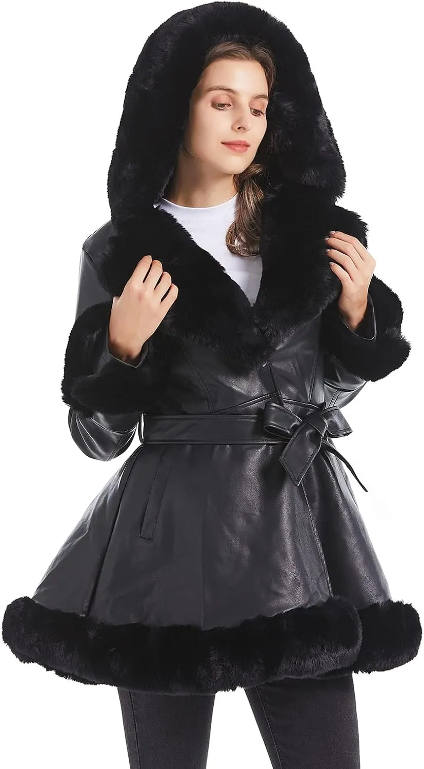 GRAN ORIENTE Women's Faux Leather Jacket with Faux Fur Collar, Winter Long Sleeve Furry Trim Peplum Parka Coat with Belt