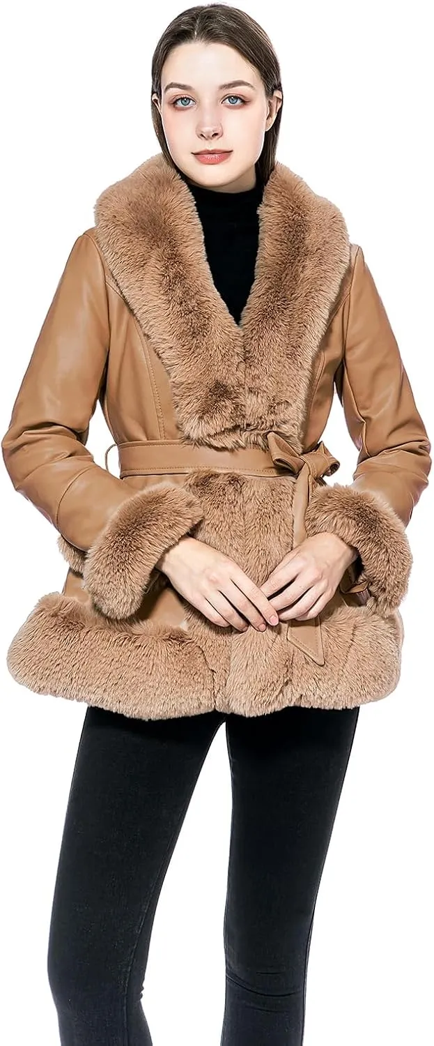 GRAN ORIENTE Women's Faux Leather Jacket with Faux Fur Collar, Winter Long Sleeve Furry Trim Peplum Parka Coat with Belt